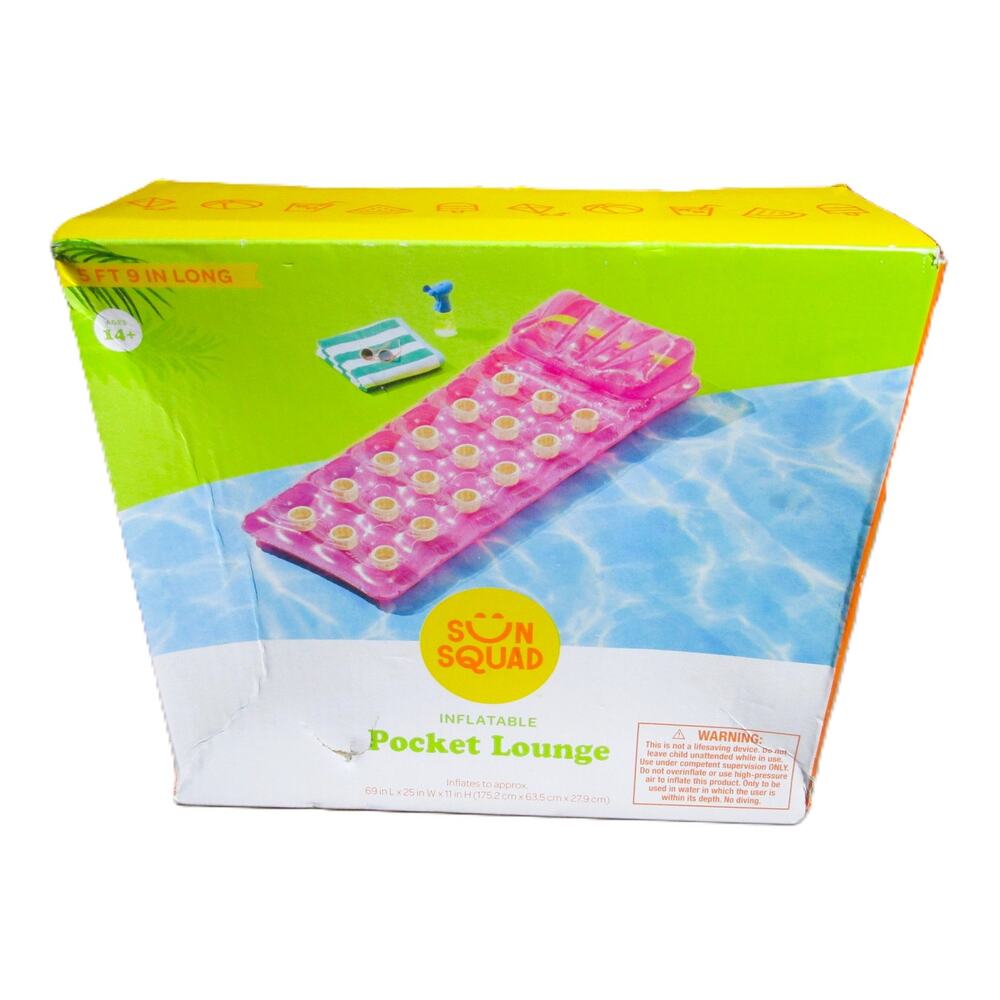 Sun Squad 18‑Pocket Inflatable Lounge Pink Adult Pool Float 69x25 inches Intex